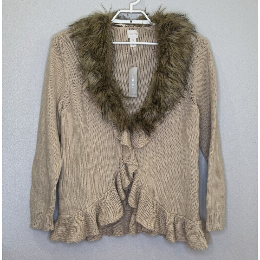 Chico's Sweater Cardigan Size 3 Tan Faux Fur Collar Ruffle Trim Long Sleeve NWT